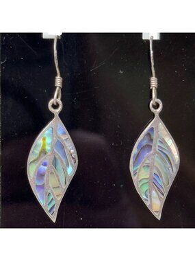 Sterling Silver Abalone Mosaic Leaf Earrings 925 Artisan Design Drop Dangle